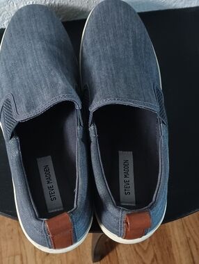 Steve Madden Men's Navy Canvas Slip-On Loafers with Brown Heel Tab